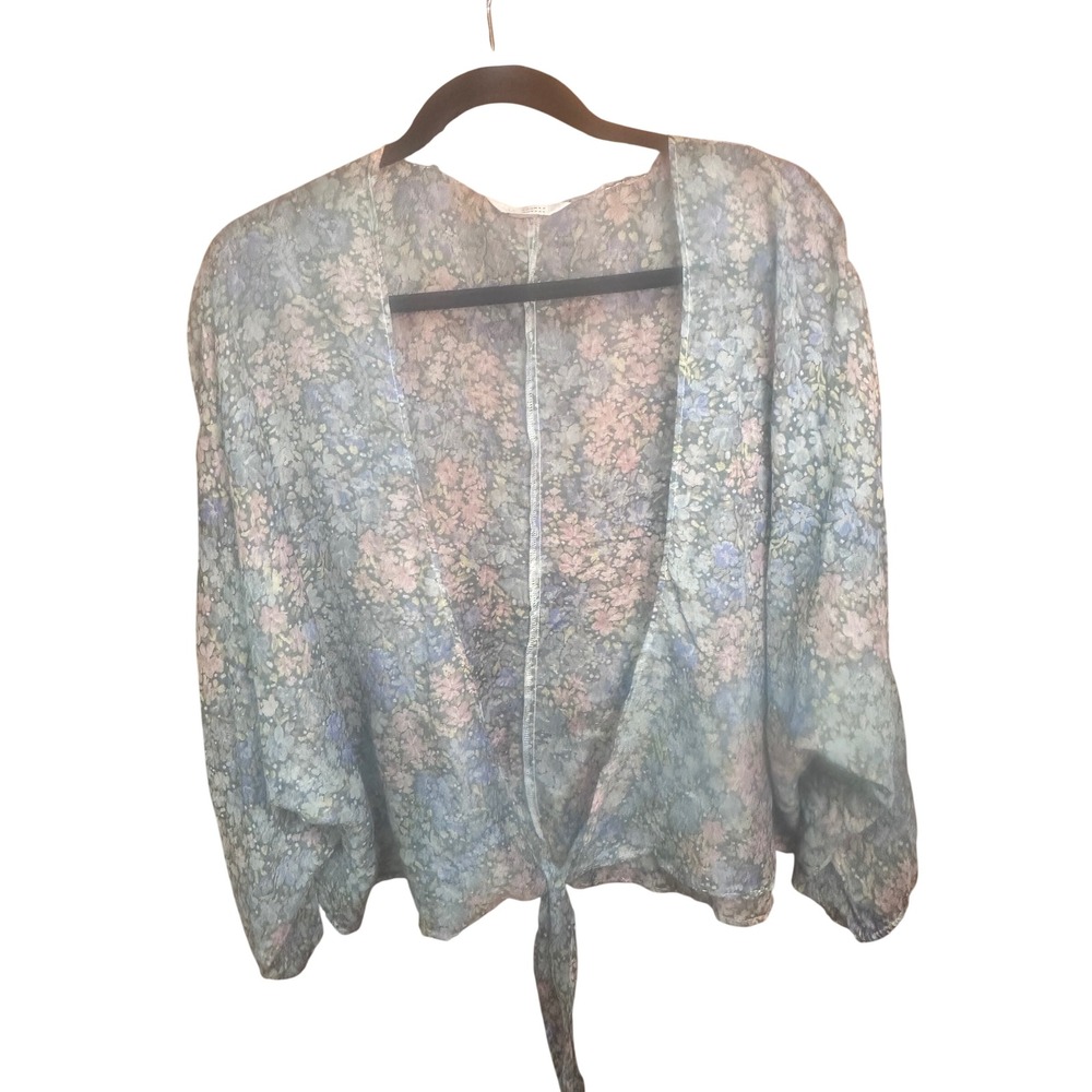 LC Lauren Conrad Floral Tie Front Top Bobo Blue Pink Sheer Long Sleeve Blouse L